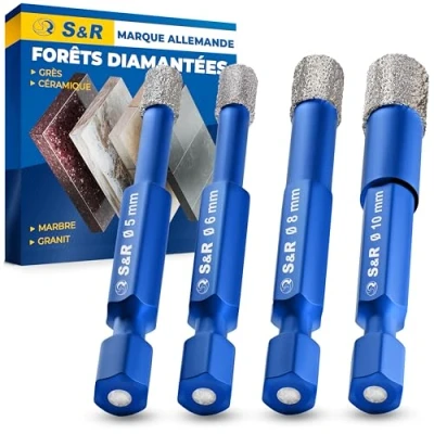 Image de S&amp;R Forets Mèches Diamant Carrelage Céramique Grès Cérame Tuiles Verre Pierre. Coffret 4 Diamantées Professionnelles