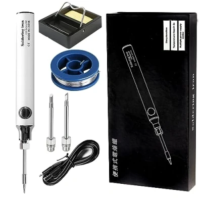 Image de Treedix Kit de fer à souder, 8 W, outils soudage avec température réglable 330 450 ℃, souder électrique sans fil, câble charge USB, support soudure, 3 embouts pour soudure et