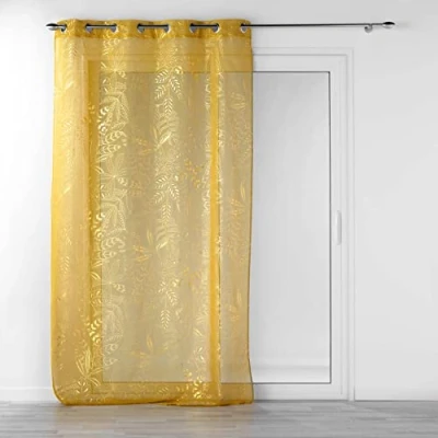 Image de douceur d&#039;intérieur, Voilage à Oeillets (140 x 280 cm) Belflor Jaune/Or, Voile Sablé Imprimé Métallisé