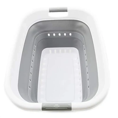 Image de SAMMART Panier à linge pliable en plastique de 37 l Boîte rangement et pop up peu encombrant (1, blanc/gris)