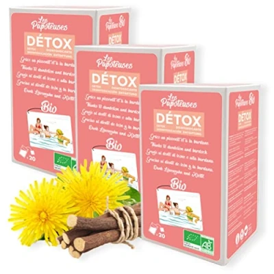Image de LES PAPOTEUSES Tisanes BIO detox grâce au pissenlit et à la bardane 60 sachets Coffret infusion de 3 boîtes 20 infusettes Certifié biologique