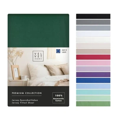 Image de VelvetHome Premium Drap Housse 120x200 Coton 100% Doux 165gsm Made in EU de Matelas avec Bande Élastique Qualité Upérieure Jersey Belles Couleurs Vert Foncé