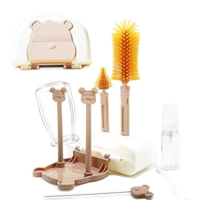 Image de Coffret Goupillon Biberon avec Egouttoir Brosse 7 Set Ensemble Voyage Nettoyage Silicone fourni Portable Boite de Rangment