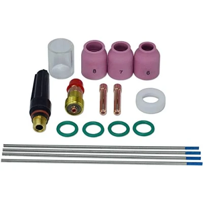 Image de RIVERWELD kit Matériel TIG Stubby gaz objectif 17 Gl332 3/32 &amp; # 10 Pyrex Tasse et 2% Lanthanated d&#039;électrode de tungstène Coupe DB SR WP 18 26 soudure lampe torche Lot
