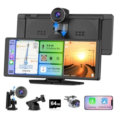Image de Hexinex CarPlay sans Fil et pour Carplay&amp;Android Auto,avec Dashcam Avant 4K, Caméra Arrière 1080P, Portable, écran Tactile de 10,26 Pouce avec Bluetooth/GPS/FM/AUX/Lien Miroir/Carte TF 64G