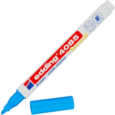 Image de edding 4085 Marqueur craie liquide bleu clair 1 feutre pointe ronde 2mm effacable pour écrire sur les vitres,le verre ardoise aux couleurs opaques