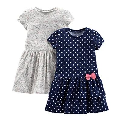 Image de Simple Joys by Carter&#039;s Ensemble de Robes Sans Manches et à Courtes Fille, Lot 2, Bleu Marine Points/Gris Chaton, 2 ans