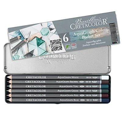 Image de CRETACOLOR Aquagraph Colors Pocket Set crayons graphite aquarellables avec accents de couleur 6 mélangés, dans un étui métallique pratique et robuste