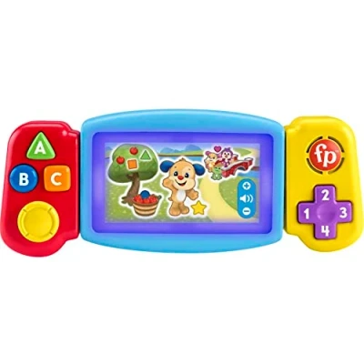 Image de Fisher Price Rires et Éveil Ma Tourni console d’Apprentissages, Jouet interactif, de jeu portable factice, lumineux musical, Éveil, Dès 9 mois, Version: UK Anglais , HNM83