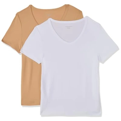 Image de Amazon Essentials T Shirt Col en v à Manches Courtes Coupe Ajustée Femme, Lot de 2, Blanc/Fauve Clair, XXL