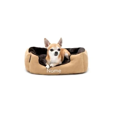 Image de lionto Lit pour Chien avec Coussin réversible et Base antidérapante, Douillet Animaux entrée Basse Chiens Chats de Tout âge, 50x37 cm, Marron/Beige (avec nom imprimé)