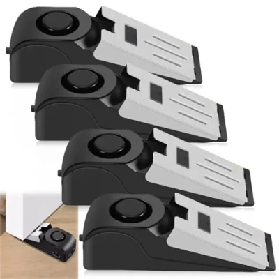 Image de Lot de 4 butoirs porte alarme, 120 dB, cale portable, avec caoutchouc antidérapant et d&#039;alarme pour porte, protection contre le vol, sécurité des maisons