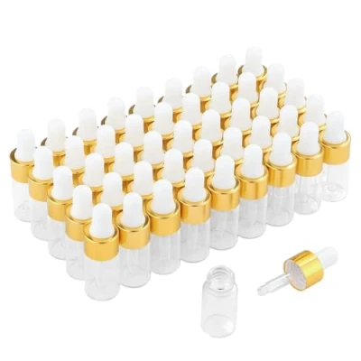 Image de 50 Pack mini flacons compte gouttes vides en verre avec bouchons dorés,flacons d&#039;échantillons de parfum pour huiles essentielles, corporelles et liquides (3ml)
