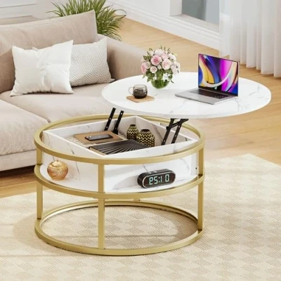 Image de DWVO Tables basses pour salon, table basse ronde, relevable avec rangement et compartiment caché, rustique, petite circulaire, centrale en bois, blanc doré