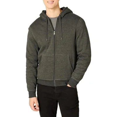 Image de Amazon Essentials Sweat à Capuche avec Fermeture Éclair intégrale et Doublure en Polaire Sherpa Homme, Charbon Chiné, S