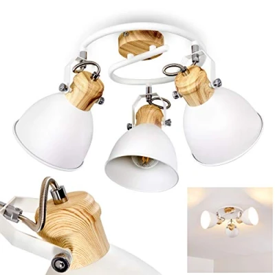 Image de Plafonnier Banjul en métal blanc et aspect bois, 3 spots de plafond rétros orientables, pour ampoules E27, ampoule(s) non incluse(s)