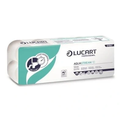 Image de Lucart Professional, AquaStream 10, Papier hygiénique en rouleau pure pulpe High Fade, idéal pour les toilettes publiques et de bureau, 10 rouleaux 200 feuilles par paquet, 9,5x11 cm, 12 paquets