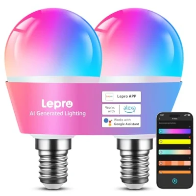 Image de Lepro BP1 IA Ampoule Connectée E14, Compatible avec Alexa et Google Assistant, Assistant Concepteur d&#039;éclairage IA, E14 G45 WiFi Bluetooth, Multicouleurs RGBCCT, Contrôle Vocal, Music Sync, 2 PCS