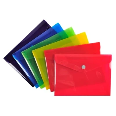 Image de Exacompta Réf. 34410E Carton de 30 pochettes fermeture bouton pression avec rabat En PP lisse Dimensions : 19x14cm Format à classer 12,5 x 17,6 cm (B6) 6 couleurs assorties