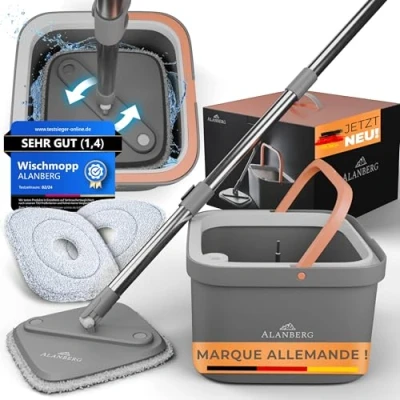 Image de ALANBERG® Ensemble de Serpillère avec Seau Système à 2 Chambres pour Séparation l&#039;eau Sale &amp; Propre Auto essorage, Tampons Microfibre Balai Tous Types Sols, Gris