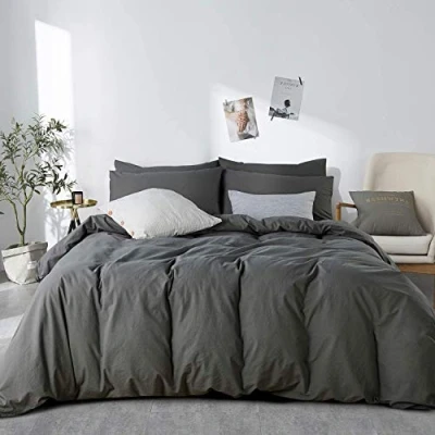 Image de Sedefen Housse de Couette 220x240cm Coton Gris foncé Anthracite Couleur Unie Parure Lit 2 Personnes avec Fermeture Éclair Aspect ridée Naturel Taie d&#039;oreiller 65x65 cm
