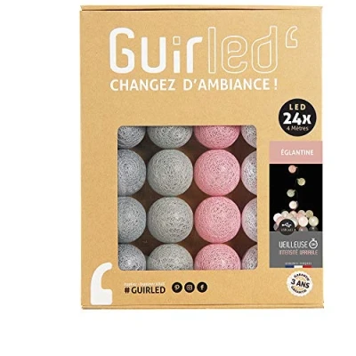 Image de GuirLED Guirlande lumineuse boules coton LED USB Veilleuse bébé 2h Adaptateur secteur double 2A inclus 3 intensités 24 2.4m Églantine