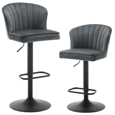Image de EUGAD Lot de 2 Tabourets Bar Hauts, Pivotants, en Velours avec Dossier Forme Coquille,Socle Rond Métal, Gris Foncé, 1056BY