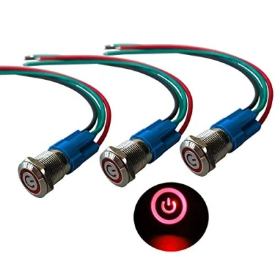 Image de QitinDasen 3Pcs Premium 12V / 24V 3A Interrupteur à Bouton Poussoir Auto Bloquant, Commutateur 12mm, Rouge LED Etanche IP66 avec Fil de Prise Courant