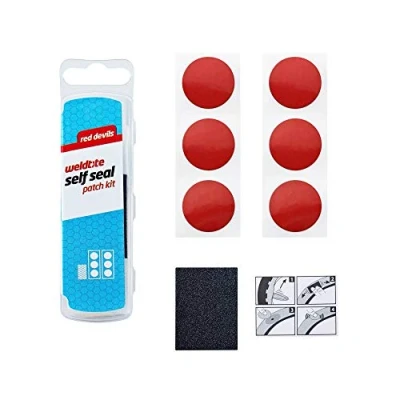 Image de Kit réparation chambre à air red devils avec rustines autocollantes autoadhesives rouges boîte 6 25mm + papier ponce notice Weldtite