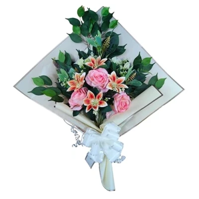 Image de DRW Bouquet de fleurs artificielles pour cimetière à mettre dans un pot, vase ou sur une tombe 73 x 63 20 cm (roses et lys roses)