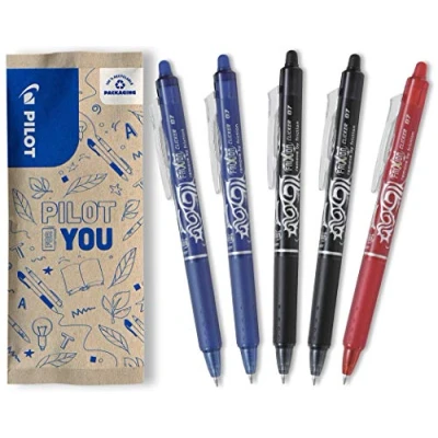 Image de PILOT Lot de 5 Stylos Roller FriXion Ball Clicker Stylo Gel Effaçable Pointe Moyenne, Plastique, 2 Noirs, Bleus, Rouge, 1 Unité (Lot 5)