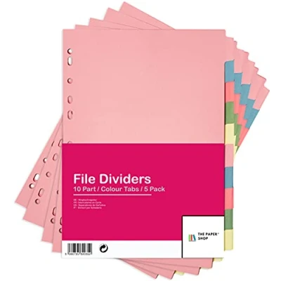 Image de [Lot de 5] Intercalaires Classeur a4 10 Onglets positions multi trous perforés dans des couleurs assorties