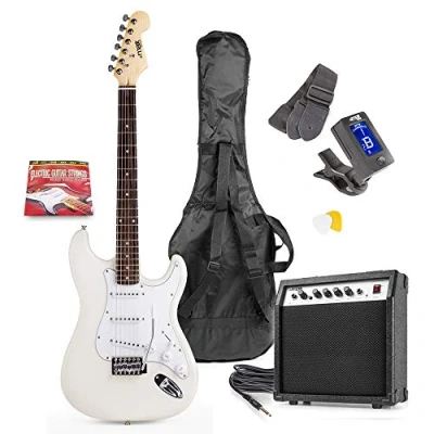 Image de MAX Pack Guitare Électrique GigKit avec Amplificateur 40 Watts Blanc, Livré de Nombreux Accessoires, une Housse, des Médiators et un Accordeur Numérique, Idéal pour les Débutants