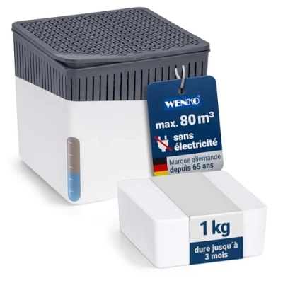 Image de WENKO Déshumidificateur Design Cube Rechargeables 1kg Absorbeur d&#039;humidité Intérieurs, Cave, Caravane Anti humidité et moississure Jusqu’à 3 Mois Idéal jusqu&#039;à 80m² 16,5x15,7x16,5 Blanc