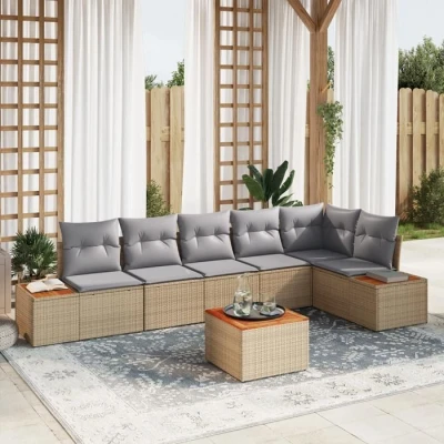 Image de VidaXL Ensemble de canapé jardin 7 pièces avec coussins Beige Poly Rattan Acacia 3348101