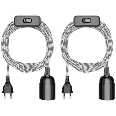 Image de ledscom.de 2 pièces Câble textile LEHA, fiche, interrupteur, noir, blanc, dentelé, 3 m, douille de lampe, 1x E27 max. 60W