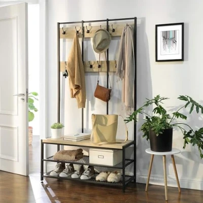 Image de ACAZA Porte Manteaux XL avec Banc à Chaussures, Grand Meuble d&#039;entrée, Vestiaire, Étagère Couleur Chêne Clair