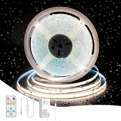 Image de PAUTIX Bande LED COB IP65 Étanche Blanc Naturel 4000K,10M 4800LEDs 24V CRI93 Kit Ruban Lumineuse Lumineux Dimmable avec Télécommande RF et Alimentation pour Plafond,Cuisine,Armoire,Placard