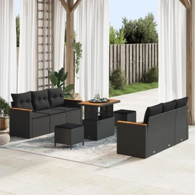 Image de Ensemble de canapés jardin 9 pièces avec coussins noir en poly rattan acacia 3362999