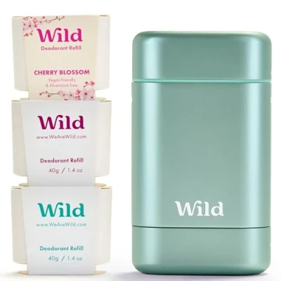 Image de Wild Déodorant Naturel Rechargeable Sans Aluminium Etui Aqua avec Lot Varié de Recharge (3 x 40g) Comprend Fresh Cotton &amp; Sea Salt, Cherry Blossom et Coconut Vanilla Végan
