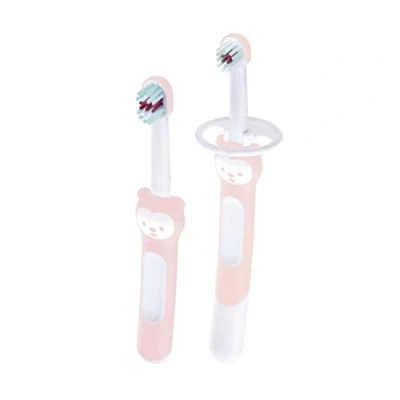Image de MAM Learn to Brush Kit de brosse à dents pour bébé long manche enfant partir 5 mois et plus Rose