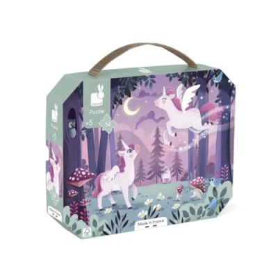 Image de Janod Puzzle 54 Pièces Thème Licorne Jeu Educatif Motricité Fine et Concentration Valisette Poignée Fabriqué en France Certifié FSC Encres Végétales Dès 5 Ans, J02555, Violet