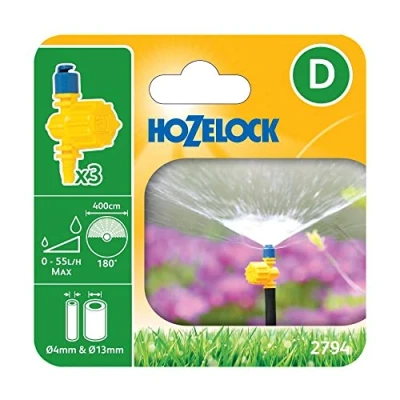 Image de Hozelock Asperseur Micro Irrigation Vari Jets Réglables à 180 : Fine Aspersion sur 200 cm, Débit Réglable (0 55 L/HR), Installation Tuyau en Ligne Ø 13mm / Fin de 4mm [2794P0000]