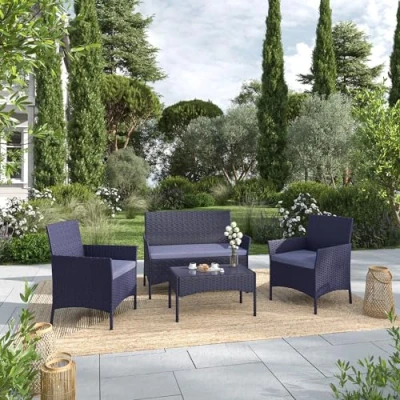 Image de Ensemble Salon de Jardin en Résine Tressée Noir Complet 4 Places avec Coussins Gris 1 Canapé 2 + Fauteuils Rotin Table Basse IMORA