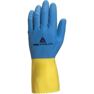 Image de Gant ménage Latex Floque Longueur 30cm épaisseur 0.60mm Coloris Bleu Jaune Taille 6/7 Paire