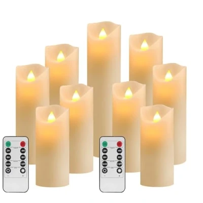 Image de YIWER Bougies sans FlammesΦ2.2xH 4&quot;/5&quot;/6&quot;/7&quot;/8&quot;/9&quot; Ensemble de 9 Piles réelles Pas en Plastique Une télécommande à 10 Touches avec 2/4/6/8 Heures Fonction minuterie 300Heures(9x1,Ivoire)