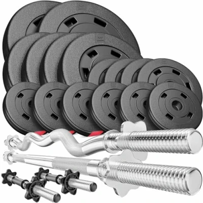 Image de Hop Sport Ensemble d&#039;haltères 75 kg, Barre Longue, Set de Musculation avec EZ Curl et Barres Courtes, Disques Poids 2x10kg, 4x5kg, 4x2,5kg, 6x1,25 kg