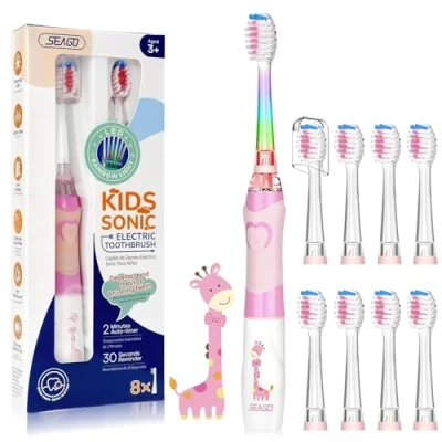 Image de Seago Enfants Brosse À Dents Électrique pour 3 12 Ans avec Minuteur Intelligente et Lampes à LED de Couleur 8 Douces Têtes Kids Filles Garçons SGEK6/SG977 (Rose FR)