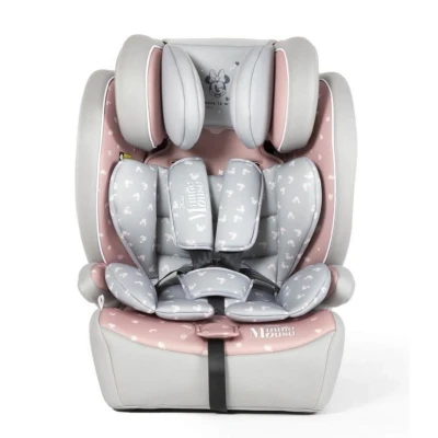 Image de Minnie Mouse Réhausseur voiture enfant i Size ECE R129. siège pour la sécurité des enfants d&#039;une hauteur de 125 à 150 cm. avec graphisme du Mouse, sur fond rouge.