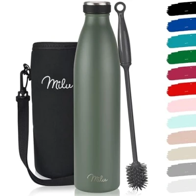 Image de Milu Gourde en acier inoxydable 350 ml 500 ml, 750 1000 1,5 l bouteille isotherme, d&#039;eau isolée, double paroi anti fuite, convient aux acides carboniques (Vert olive, 1L)